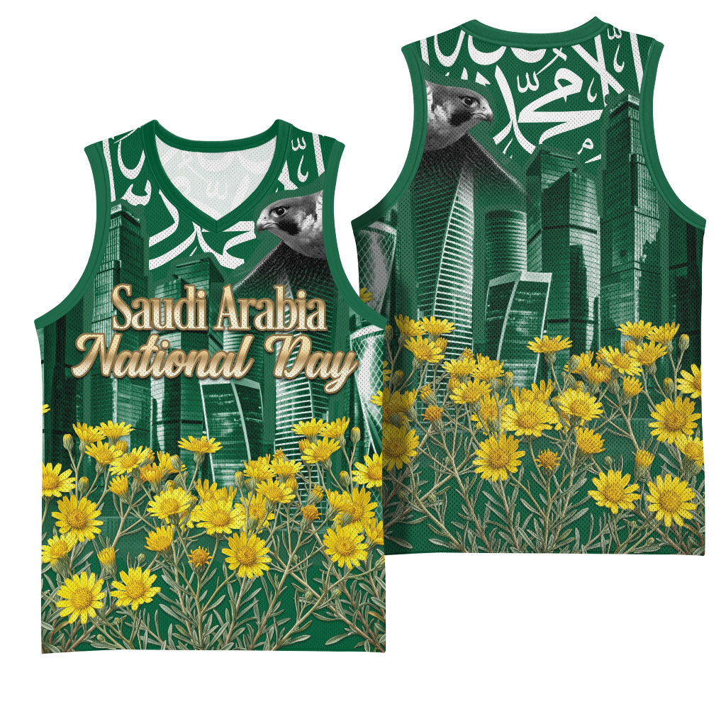 Saudi Arabia National Day Basketball Jersey Falcon Skyline Arabic Calligraphy Cultural Pride