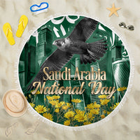 Saudi Arabia National Day Beach Blanket Falcon Skyline Arabic Calligraphy Cultural Pride