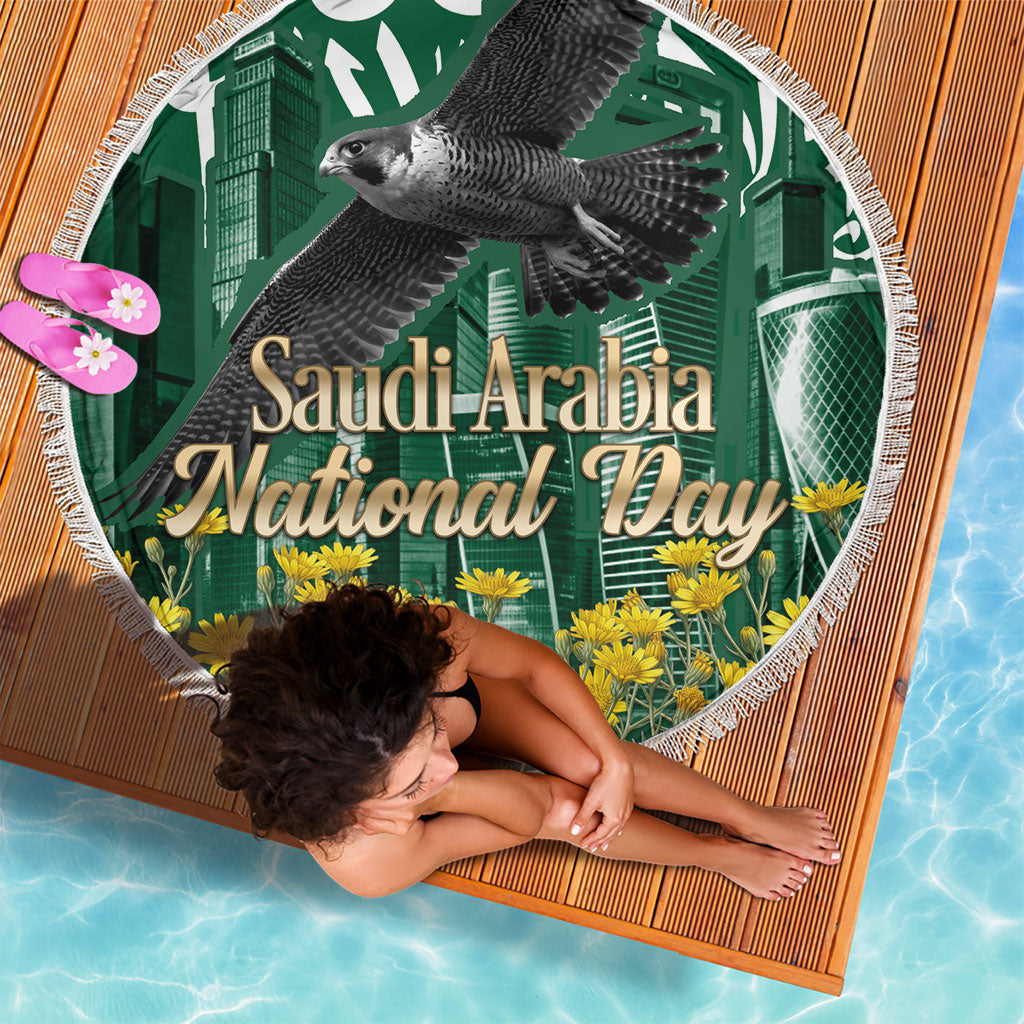 Saudi Arabia National Day Beach Blanket Falcon Skyline Arabic Calligraphy Cultural Pride