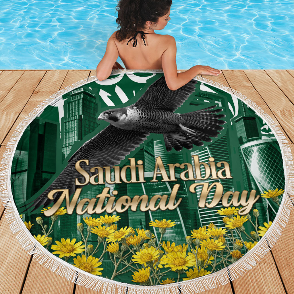 Saudi Arabia National Day Beach Blanket Falcon Skyline Arabic Calligraphy Cultural Pride