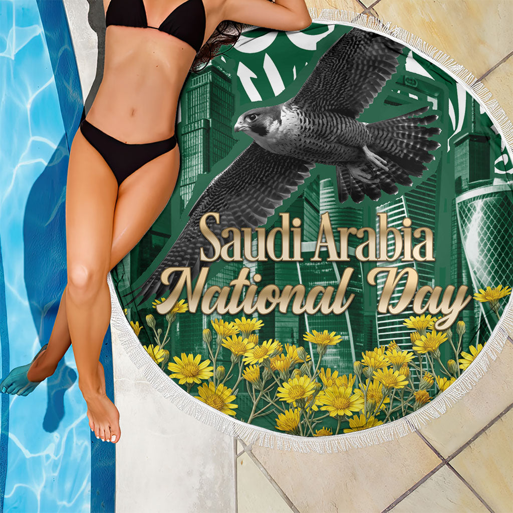 Saudi Arabia National Day Beach Blanket Falcon Skyline Arabic Calligraphy Cultural Pride