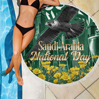 Saudi Arabia National Day Beach Blanket Falcon Skyline Arabic Calligraphy Cultural Pride