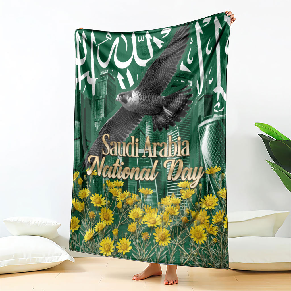 Saudi Arabia National Day Blanket Falcon Skyline Arabic Calligraphy Cultural Pride