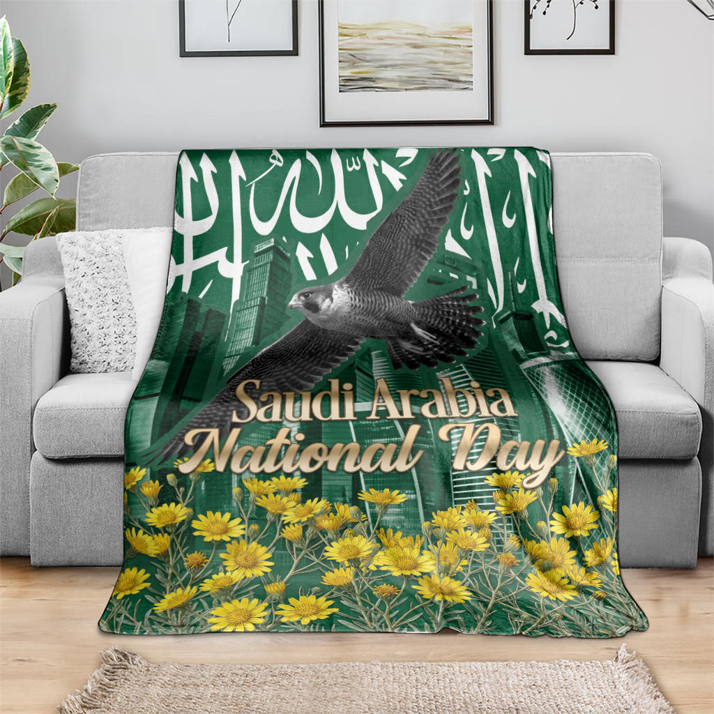 Saudi Arabia National Day Blanket Falcon Skyline Arabic Calligraphy Cultural Pride