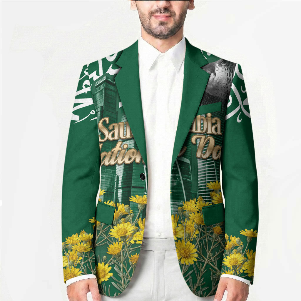 Saudi Arabia National Day Blazer Falcon Skyline Arabic Calligraphy Cultural Pride