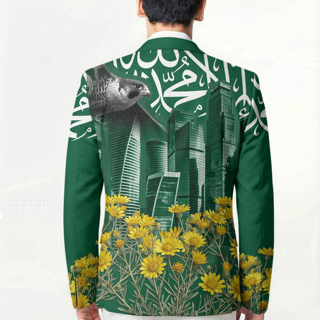 Saudi Arabia National Day Blazer Falcon Skyline Arabic Calligraphy Cultural Pride