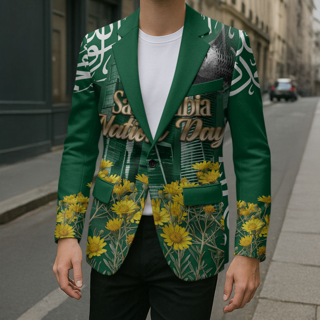 Saudi Arabia National Day Blazer Falcon Skyline Arabic Calligraphy Cultural Pride