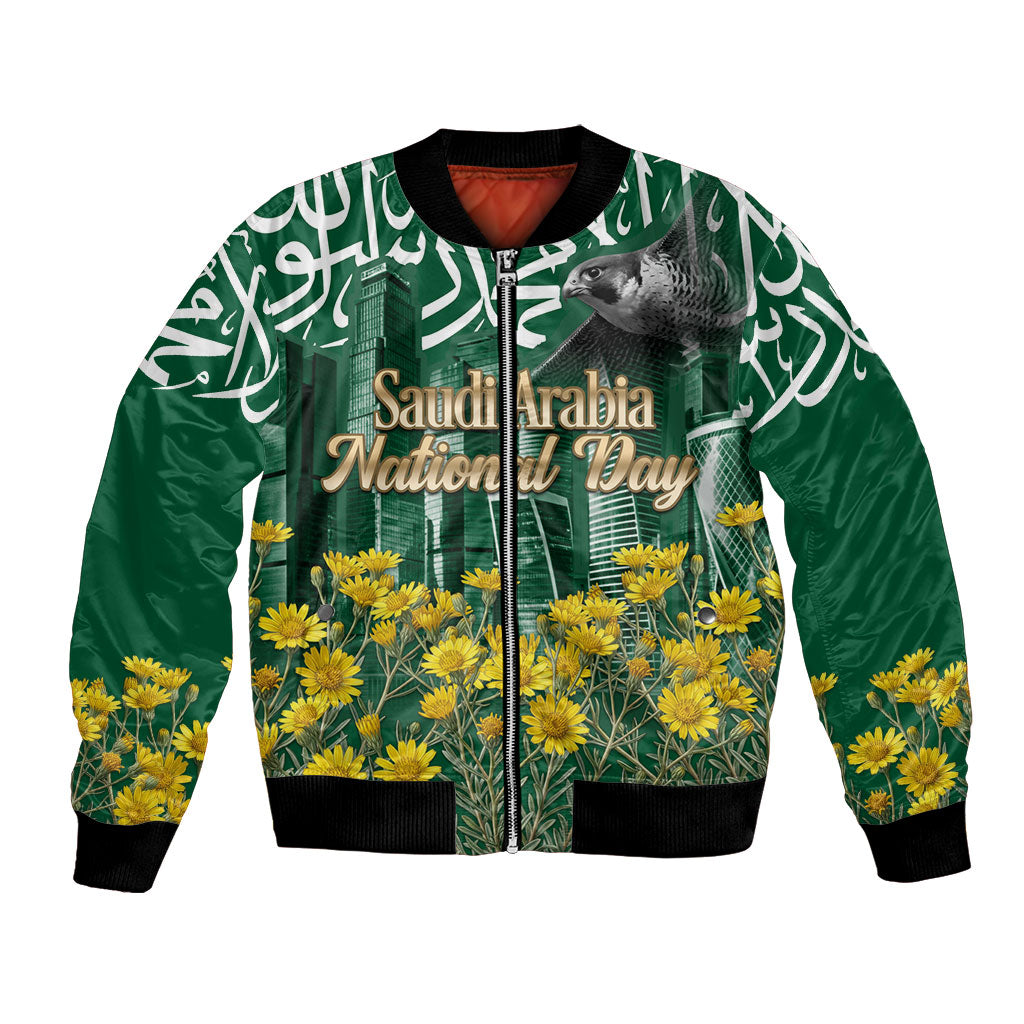 Saudi Arabia National Day Bomber Jacket Falcon Skyline Arabic Calligraphy Cultural Pride