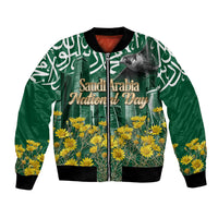 Saudi Arabia National Day Bomber Jacket Falcon Skyline Arabic Calligraphy Cultural Pride