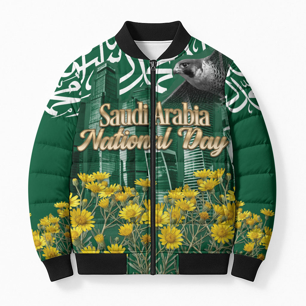 Saudi Arabia National Day Bomber Puffer Jacket Falcon Skyline Arabic Calligraphy Cultural Pride