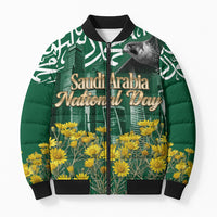 Saudi Arabia National Day Bomber Puffer Jacket Falcon Skyline Arabic Calligraphy Cultural Pride