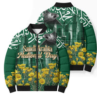 Saudi Arabia National Day Bomber Puffer Jacket Falcon Skyline Arabic Calligraphy Cultural Pride