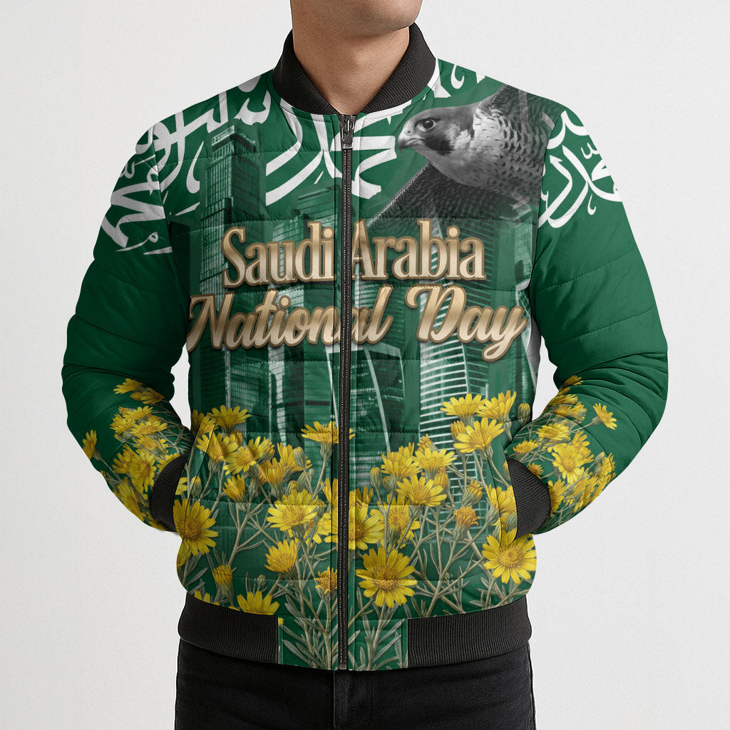 Saudi Arabia National Day Bomber Puffer Jacket Falcon Skyline Arabic Calligraphy Cultural Pride