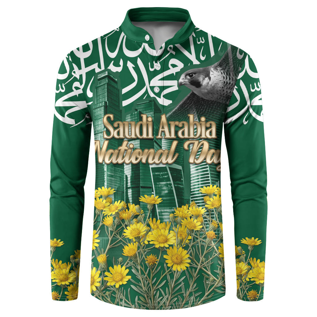 Saudi Arabia National Day Button Sweatshirt Falcon Skyline Arabic Calligraphy Cultural Pride