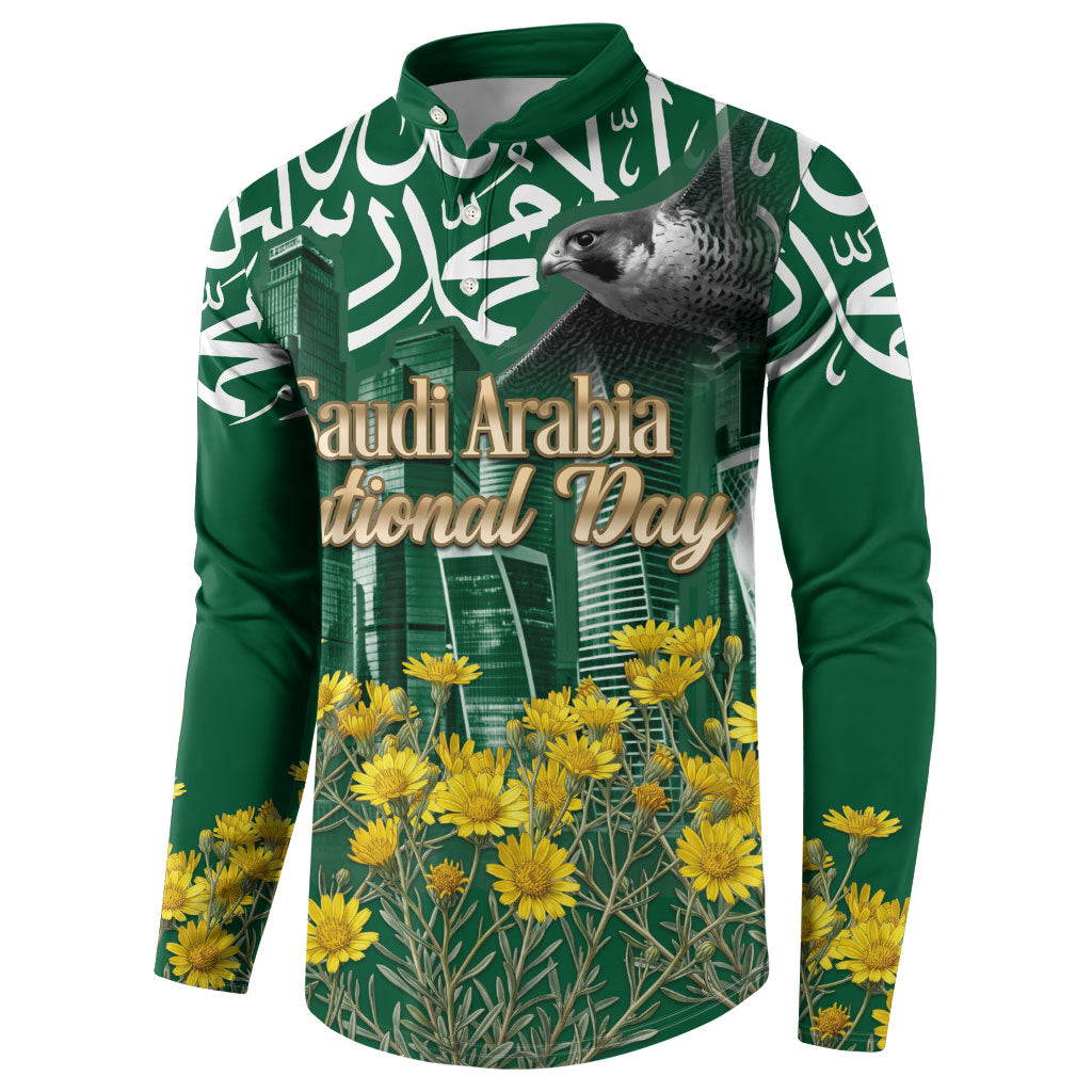 Saudi Arabia National Day Button Sweatshirt Falcon Skyline Arabic Calligraphy Cultural Pride