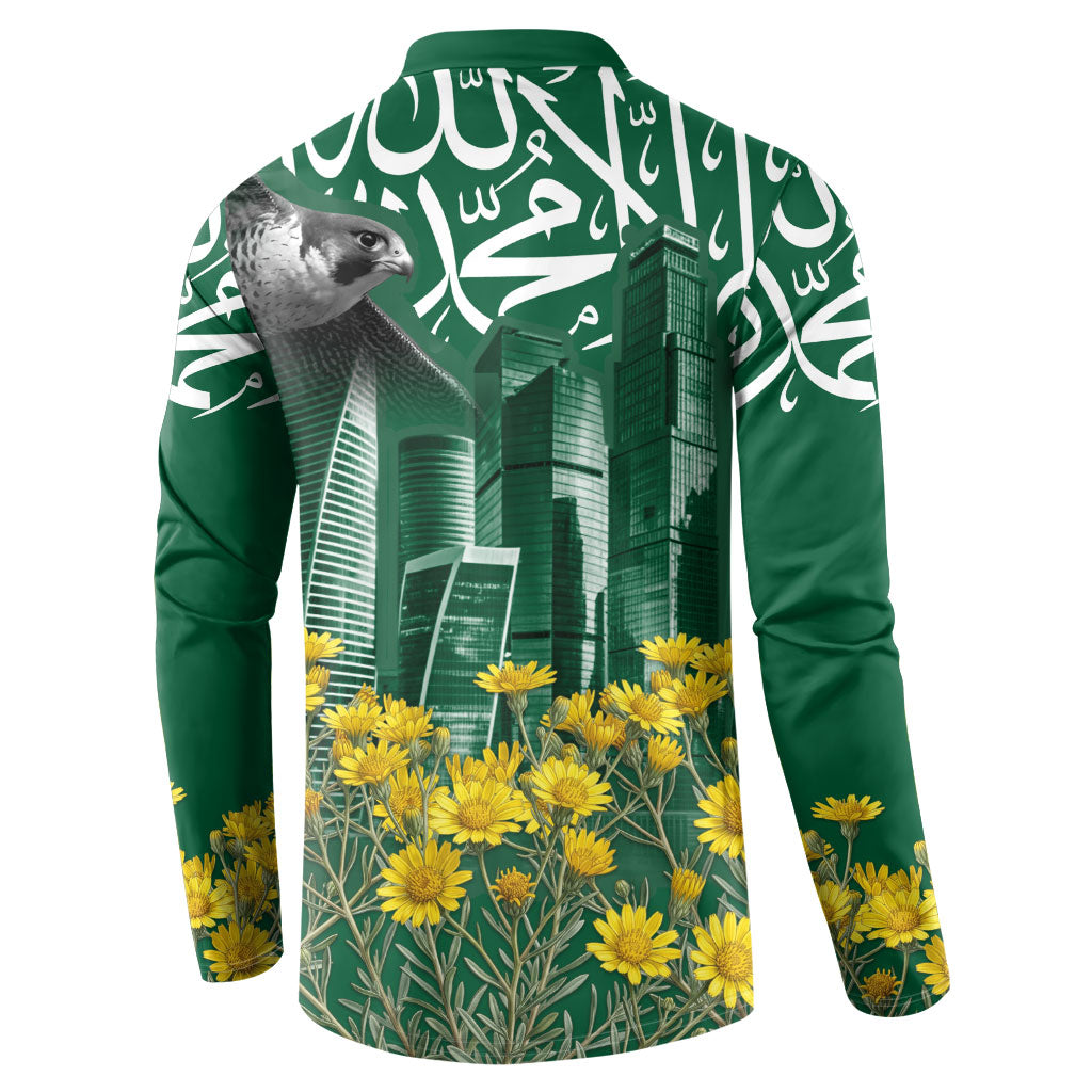 Saudi Arabia National Day Button Sweatshirt Falcon Skyline Arabic Calligraphy Cultural Pride