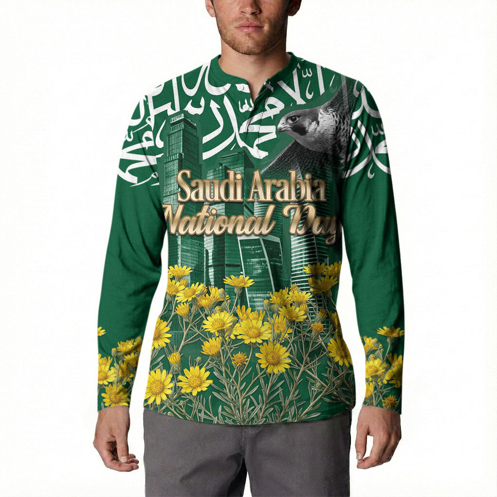Saudi Arabia National Day Button Sweatshirt Falcon Skyline Arabic Calligraphy Cultural Pride
