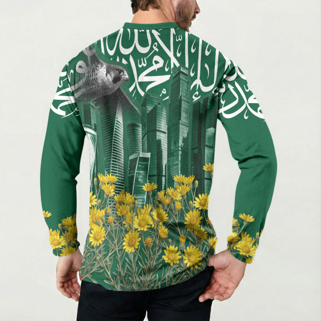 Saudi Arabia National Day Button Sweatshirt Falcon Skyline Arabic Calligraphy Cultural Pride