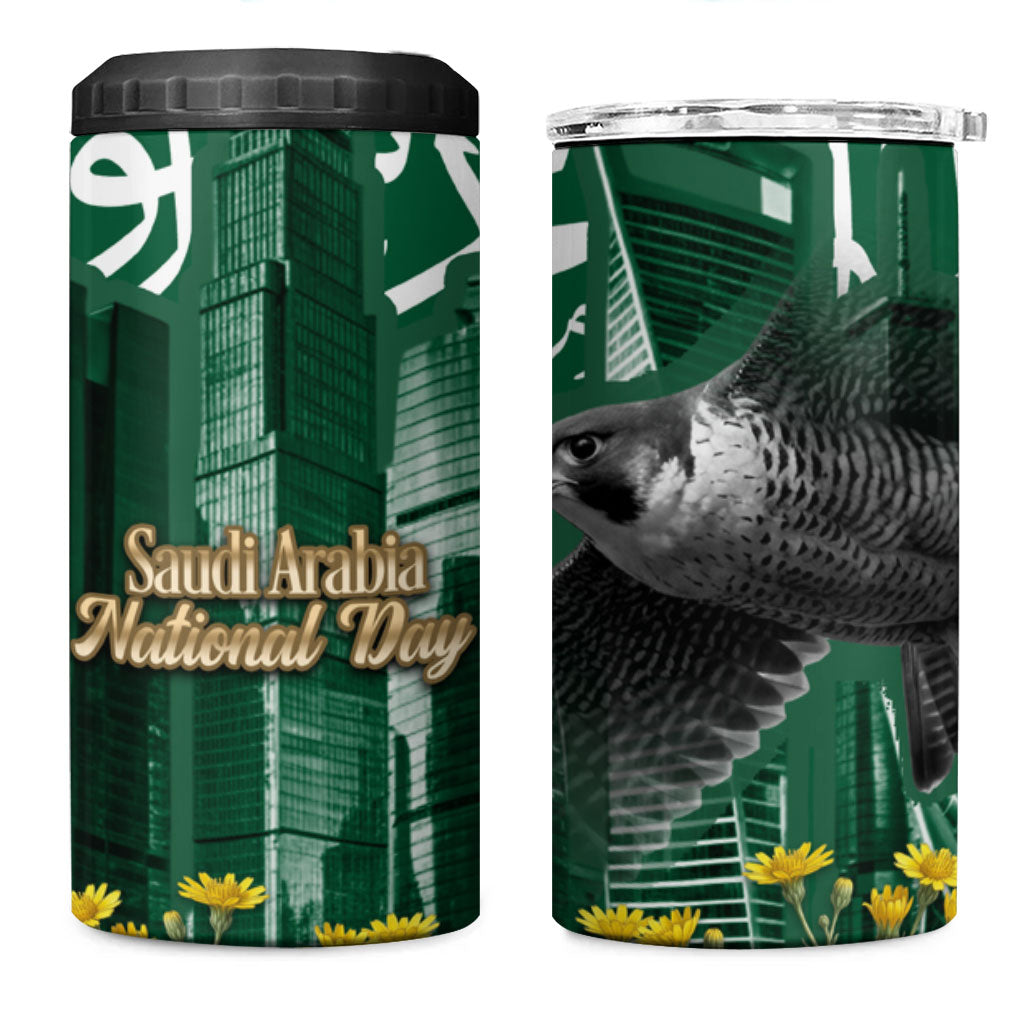 Saudi Arabia National Day 4 in 1 Can Cooler Tumbler Falcon Skyline Arabic Calligraphy Cultural Pride