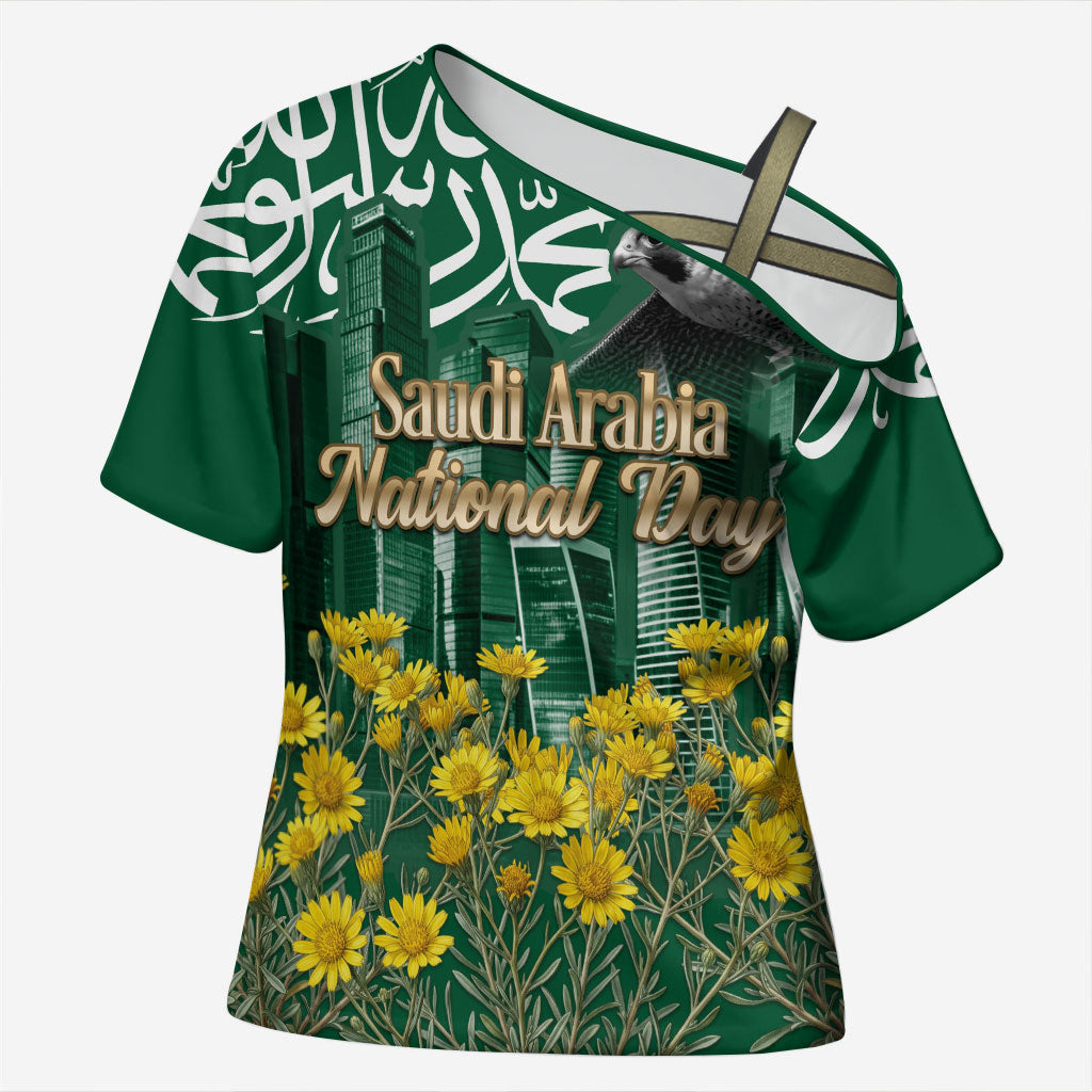 Saudi Arabia National Day Cross Shoulder Shirt Falcon Skyline Arabic Calligraphy Cultural Pride