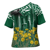 Saudi Arabia National Day Cross Shoulder Shirt Falcon Skyline Arabic Calligraphy Cultural Pride