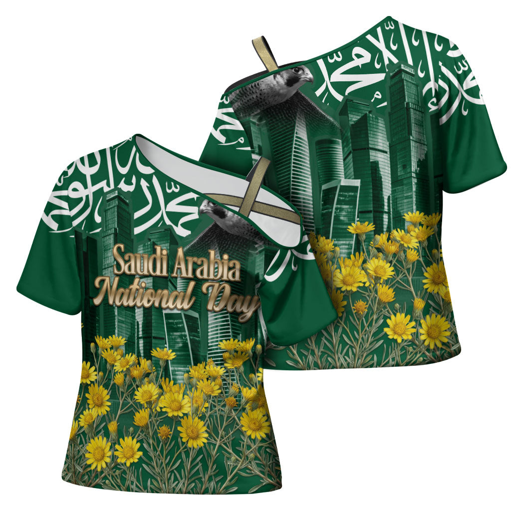 Saudi Arabia National Day Cross Shoulder Shirt Falcon Skyline Arabic Calligraphy Cultural Pride