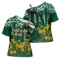 Saudi Arabia National Day Cross Shoulder Shirt Falcon Skyline Arabic Calligraphy Cultural Pride