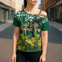 Saudi Arabia National Day Cross Shoulder Shirt Falcon Skyline Arabic Calligraphy Cultural Pride