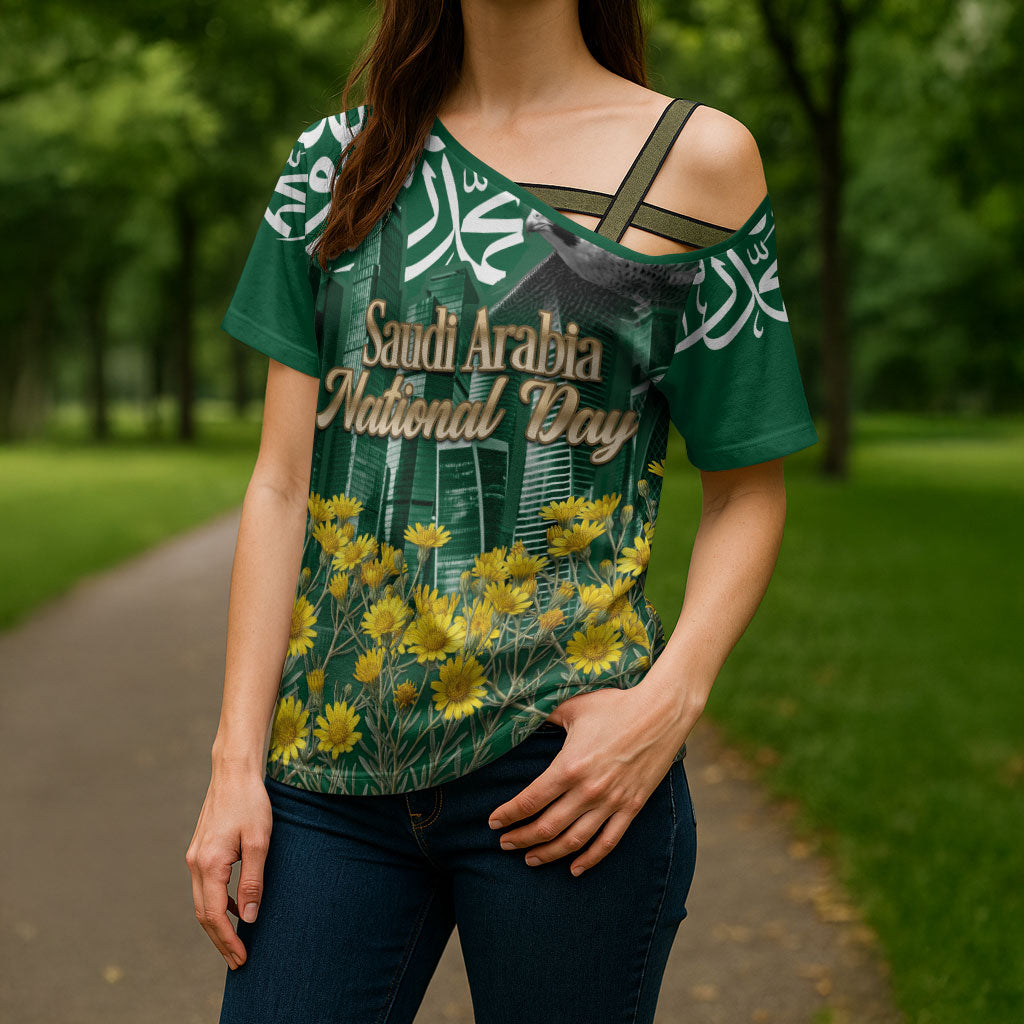 Saudi Arabia National Day Cross Shoulder Shirt Falcon Skyline Arabic Calligraphy Cultural Pride