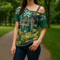 Saudi Arabia National Day Cross Shoulder Shirt Falcon Skyline Arabic Calligraphy Cultural Pride