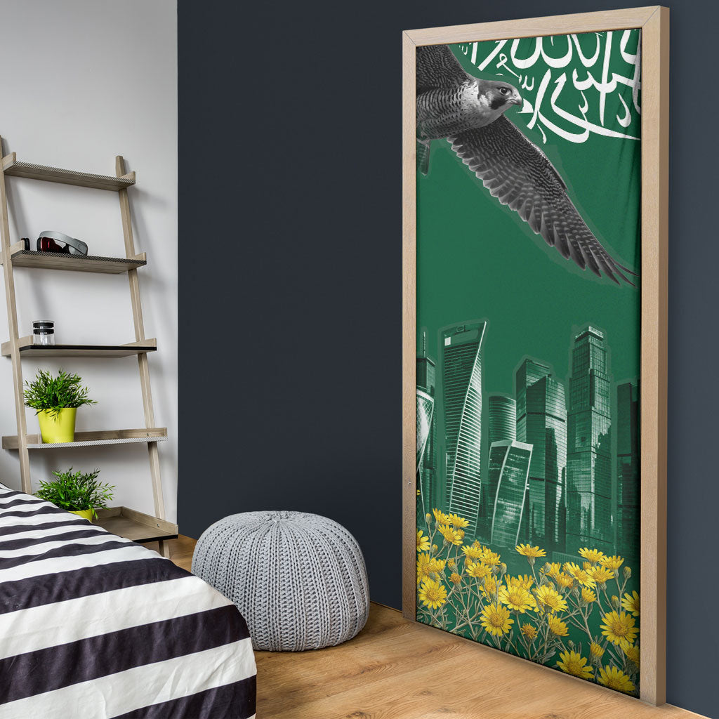 Saudi Arabia National Day Door Cover Falcon Skyline Arabic Calligraphy Cultural Pride