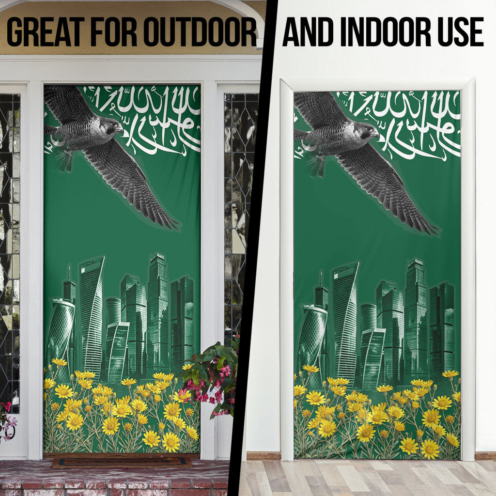 Saudi Arabia National Day Door Cover Falcon Skyline Arabic Calligraphy Cultural Pride
