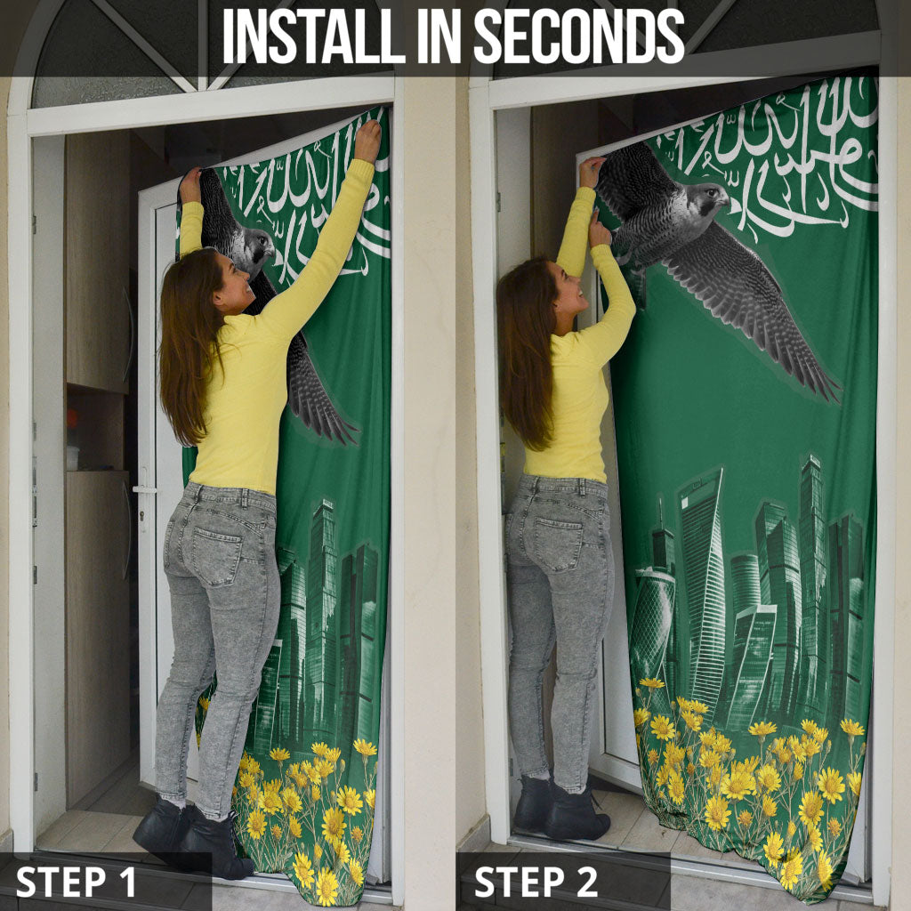 Saudi Arabia National Day Door Cover Falcon Skyline Arabic Calligraphy Cultural Pride