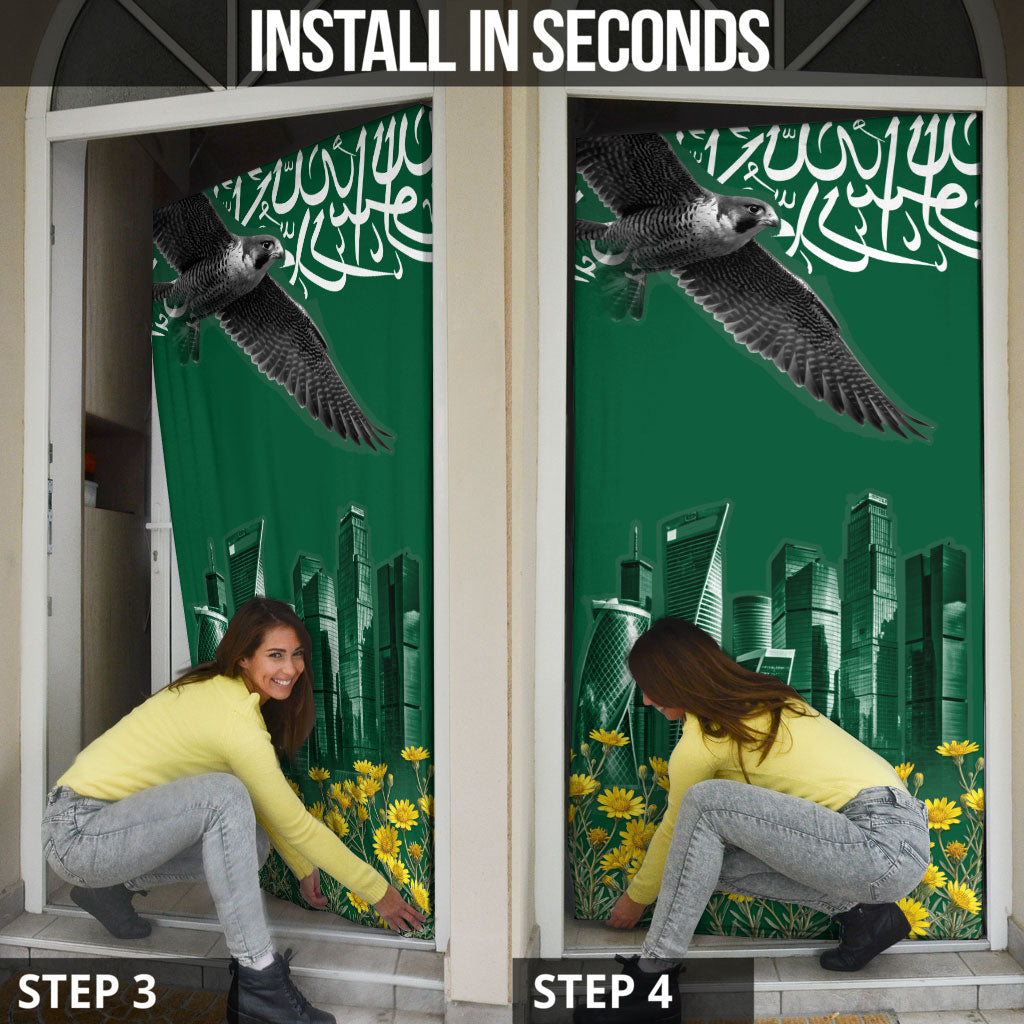Saudi Arabia National Day Door Cover Falcon Skyline Arabic Calligraphy Cultural Pride