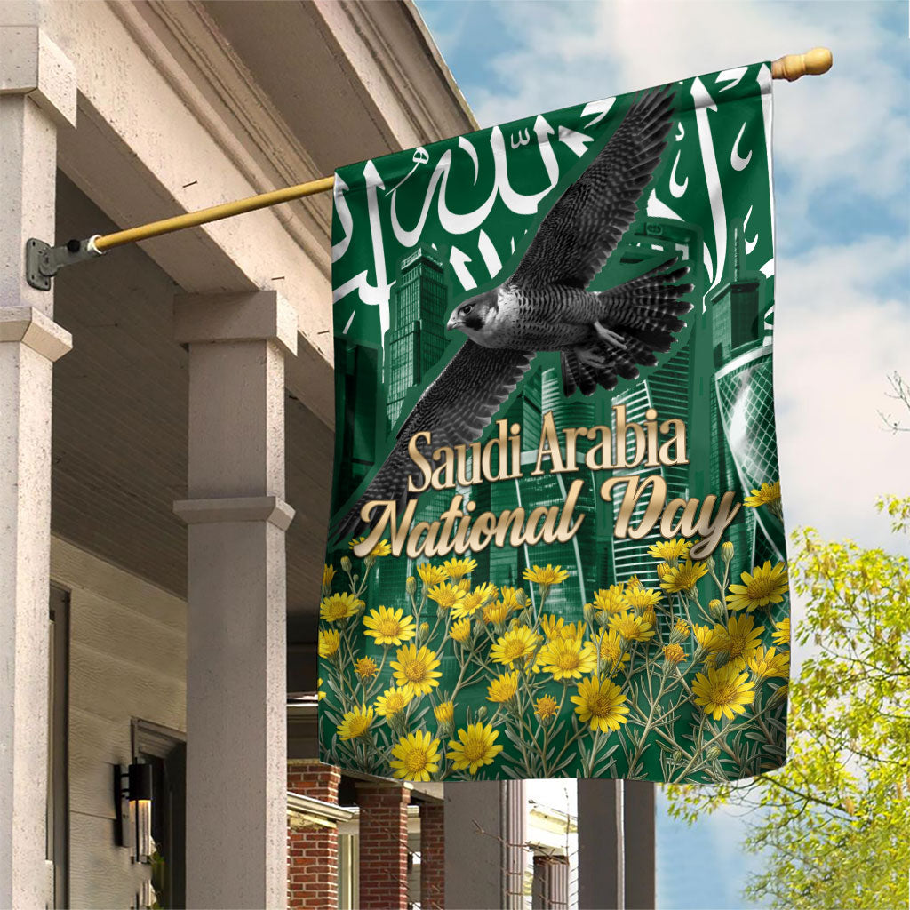 Saudi Arabia National Day Garden Flag Falcon Skyline Arabic Calligraphy Cultural Pride