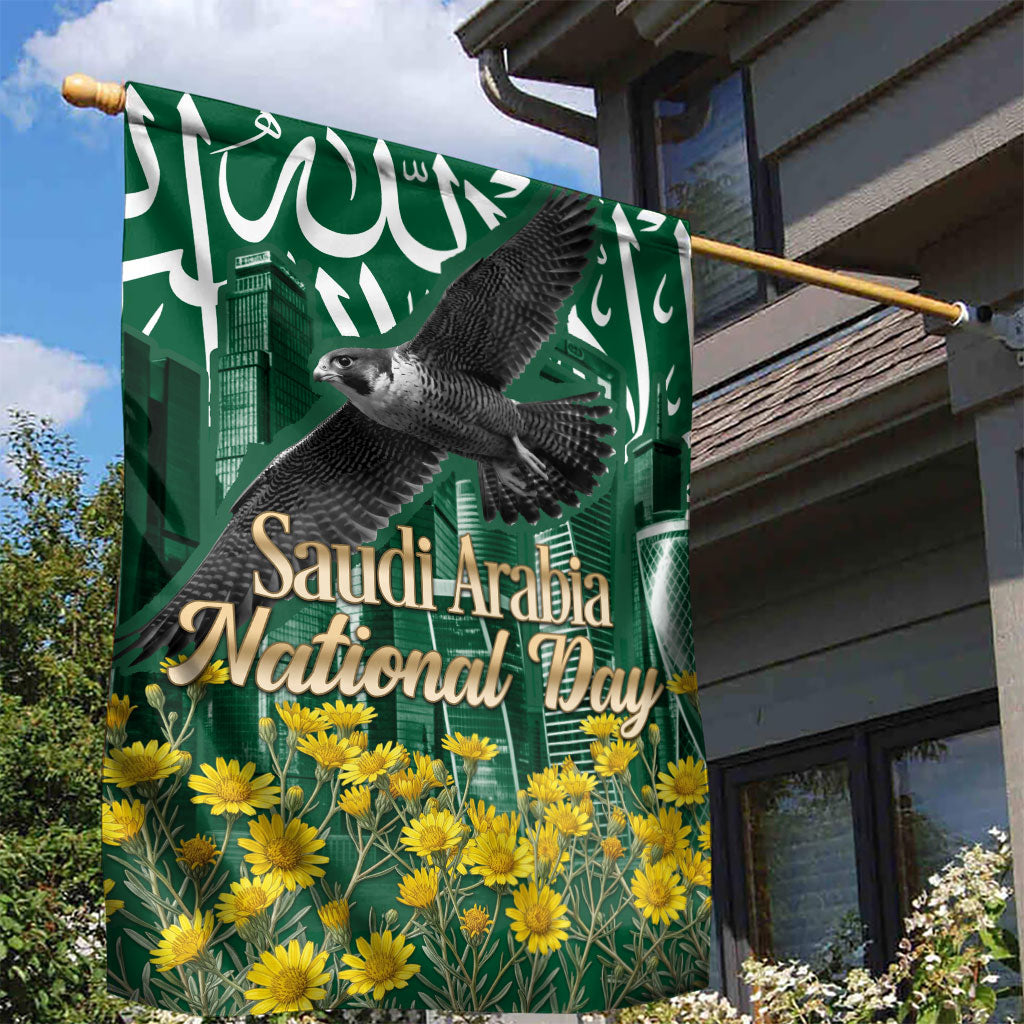 Saudi Arabia National Day Garden Flag Falcon Skyline Arabic Calligraphy Cultural Pride
