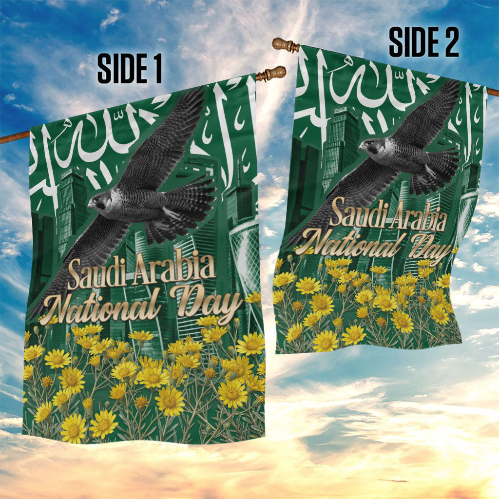 Saudi Arabia National Day Garden Flag Falcon Skyline Arabic Calligraphy Cultural Pride