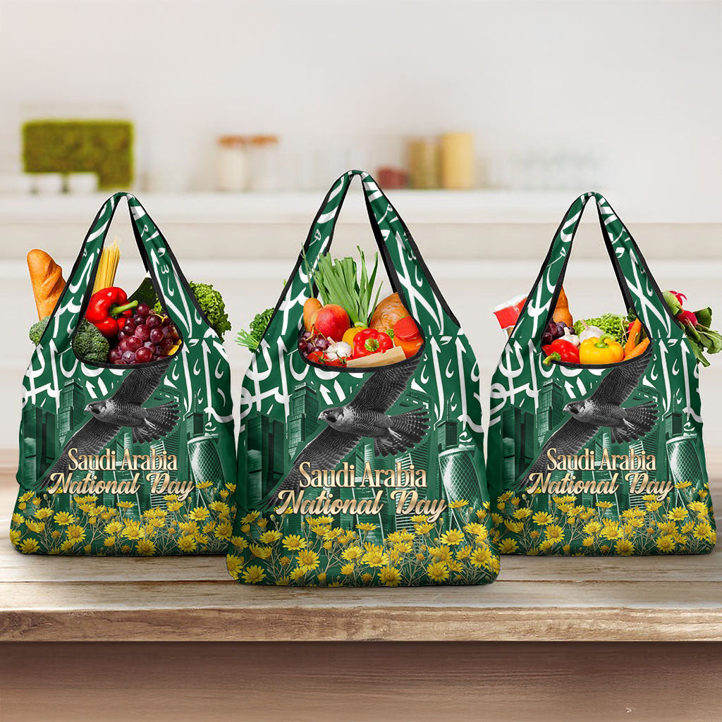 Saudi Arabia National Day Grocery Bag Falcon Skyline Arabic Calligraphy Cultural Pride