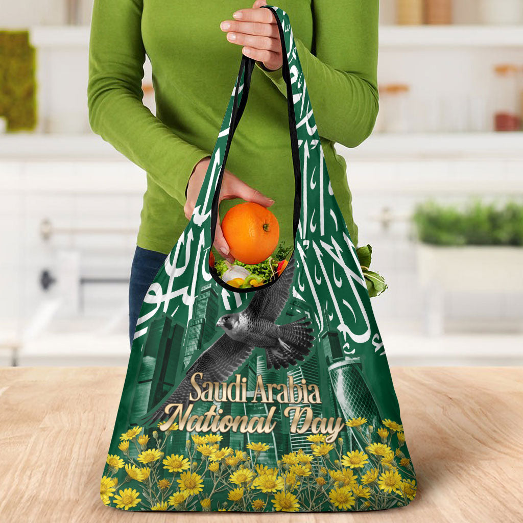 Saudi Arabia National Day Grocery Bag Falcon Skyline Arabic Calligraphy Cultural Pride