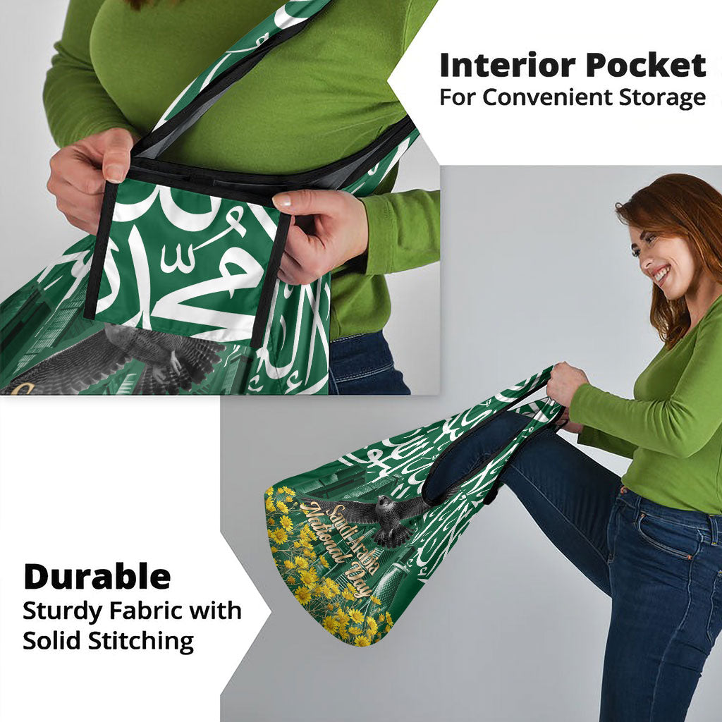 Saudi Arabia National Day Grocery Bag Falcon Skyline Arabic Calligraphy Cultural Pride