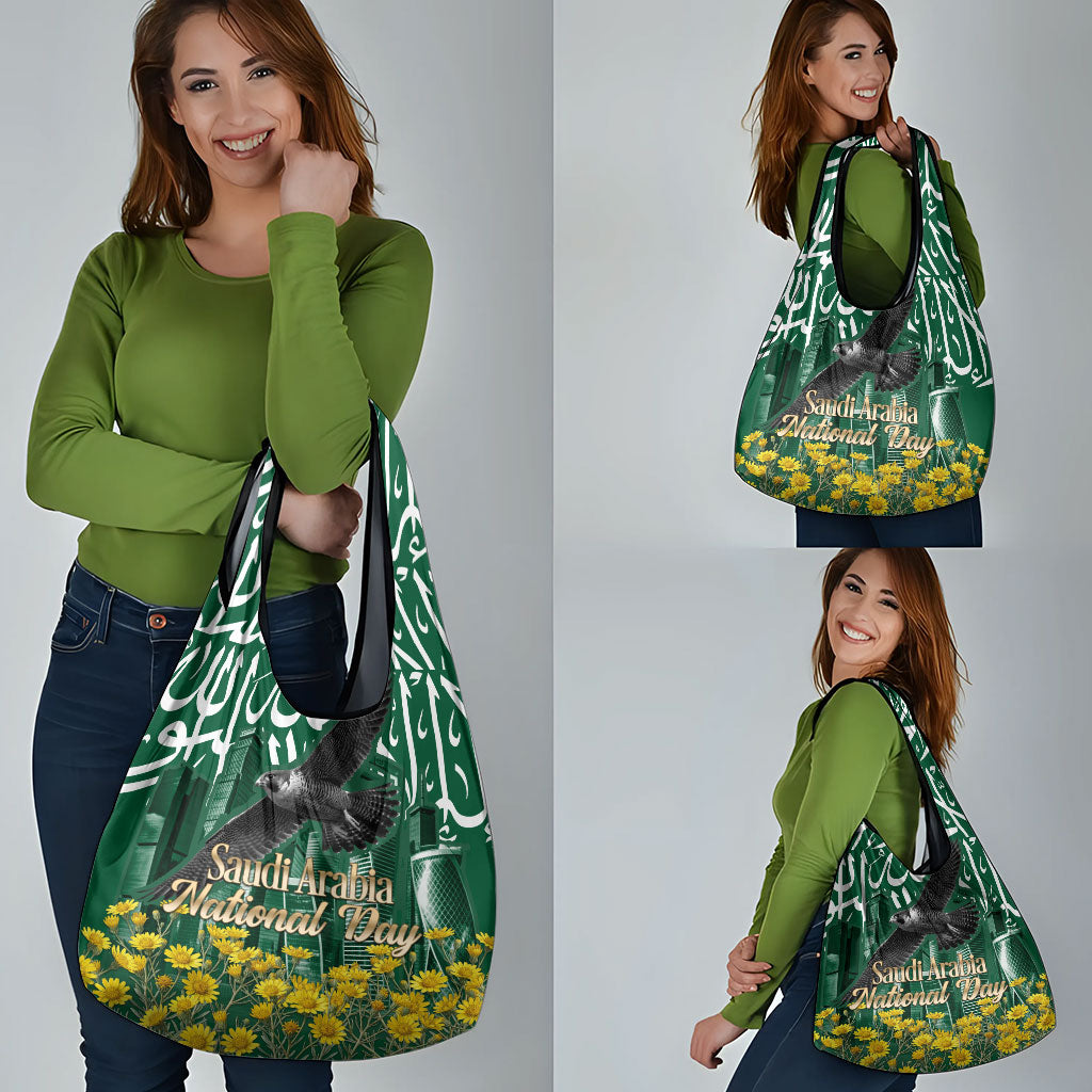 Saudi Arabia National Day Grocery Bag Falcon Skyline Arabic Calligraphy Cultural Pride