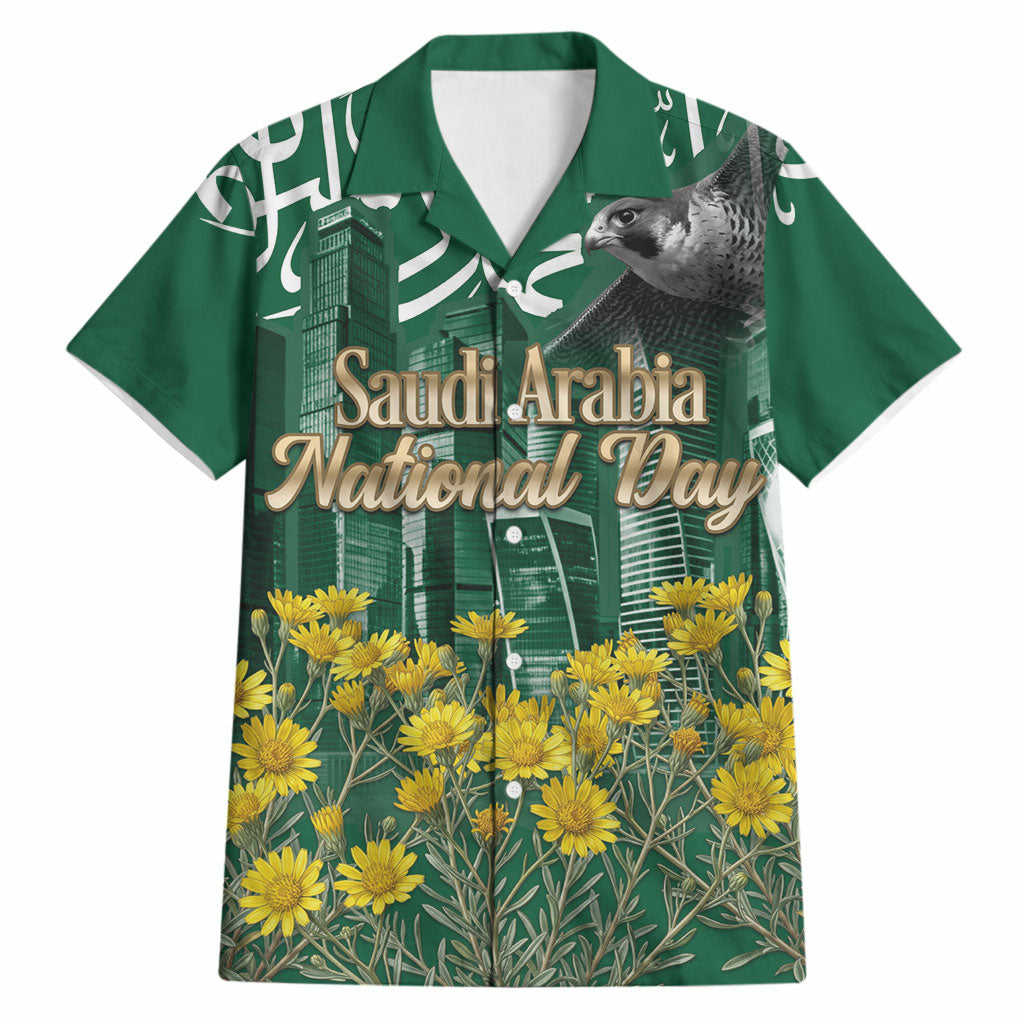 Saudi Arabia National Day Hawaiian Shirt Falcon Skyline Arabic Calligraphy Cultural Pride