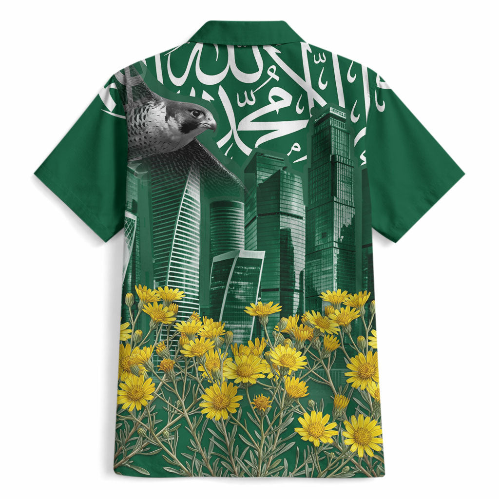Saudi Arabia National Day Hawaiian Shirt Falcon Skyline Arabic Calligraphy Cultural Pride