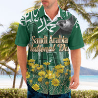 Saudi Arabia National Day Hawaiian Shirt Falcon Skyline Arabic Calligraphy Cultural Pride