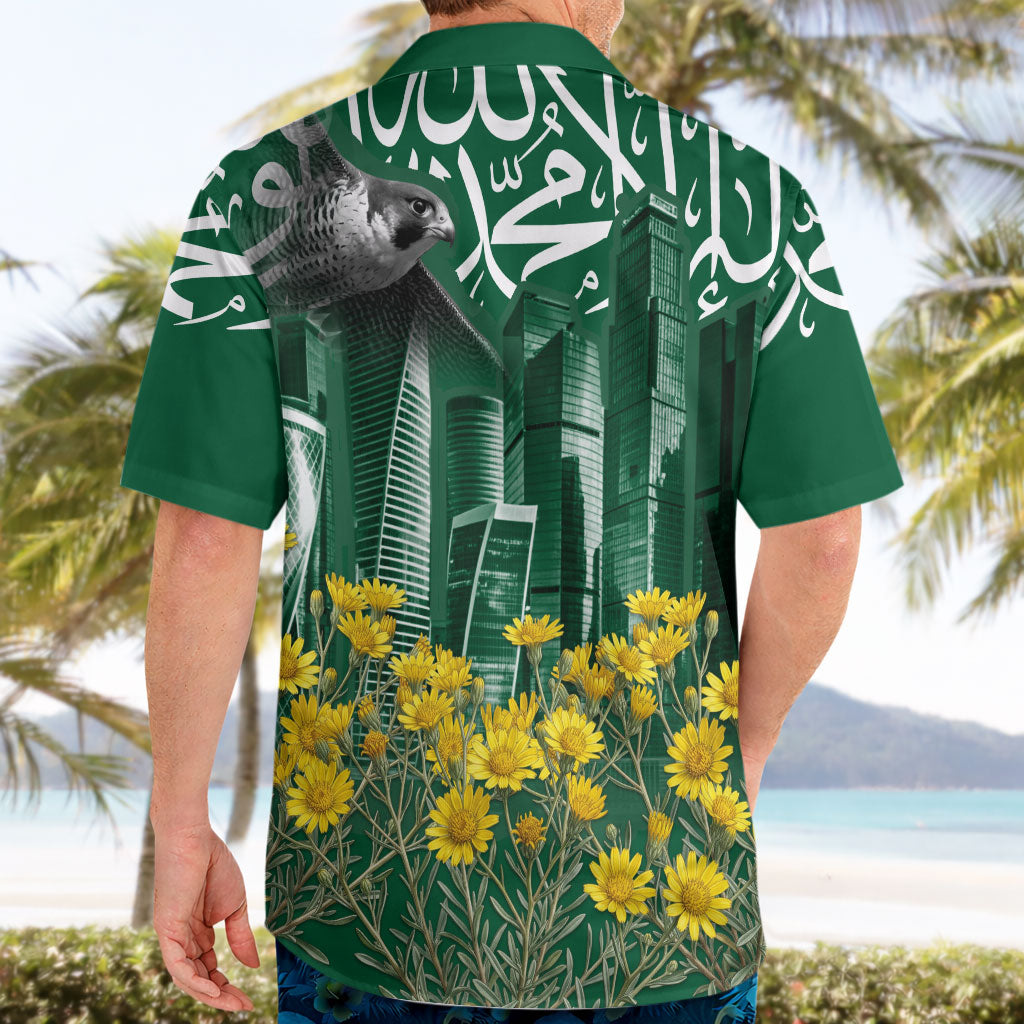 Saudi Arabia National Day Hawaiian Shirt Falcon Skyline Arabic Calligraphy Cultural Pride