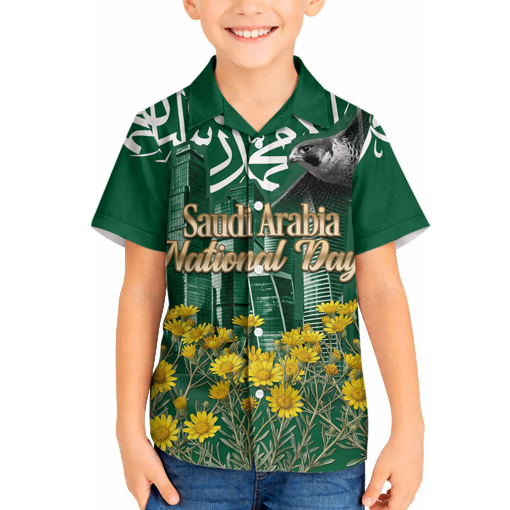 Saudi Arabia National Day Hawaiian Shirt Falcon Skyline Arabic Calligraphy Cultural Pride