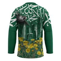 Saudi Arabia National Day Hockey Jersey Falcon Skyline Arabic Calligraphy Cultural Pride