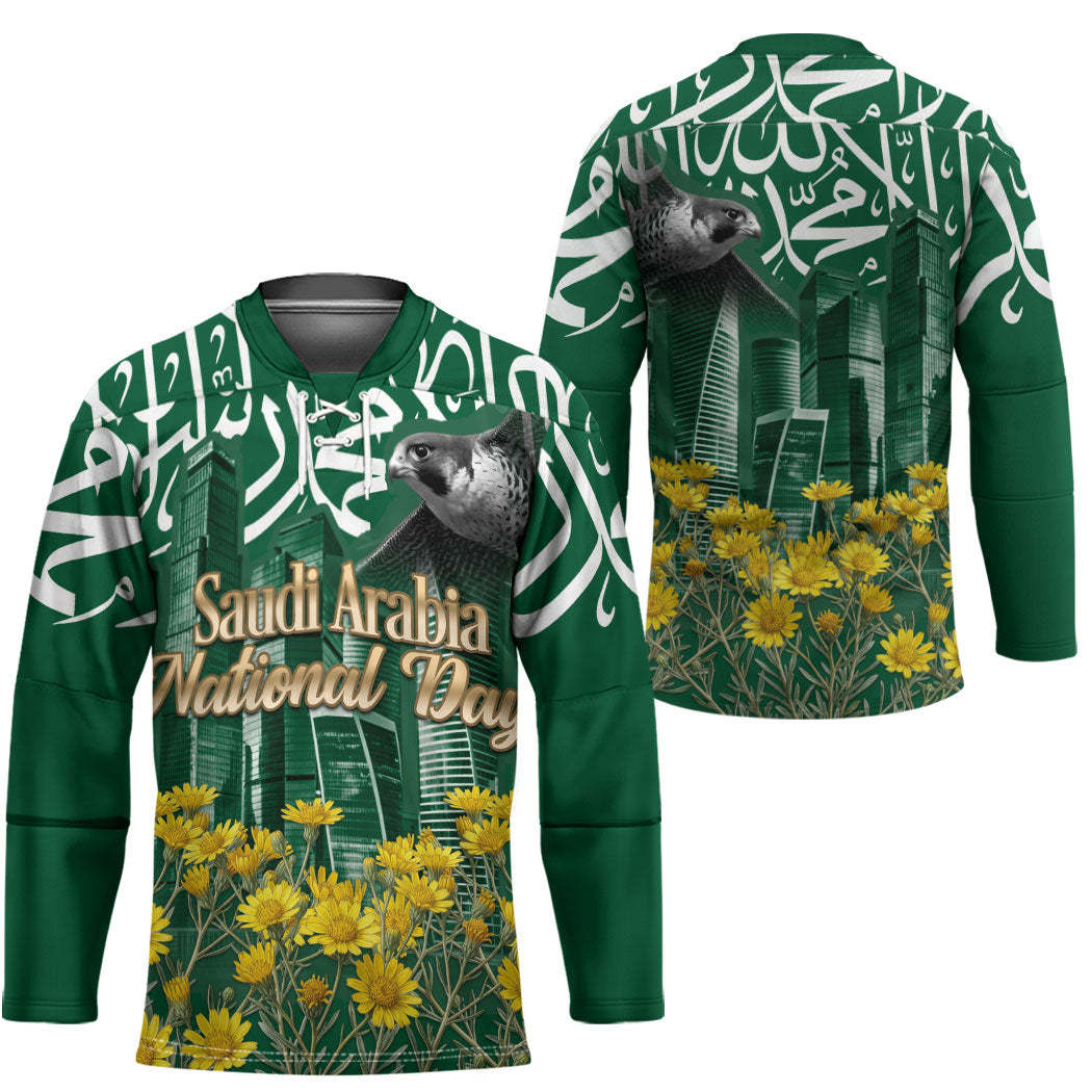 Saudi Arabia National Day Hockey Jersey Falcon Skyline Arabic Calligraphy Cultural Pride