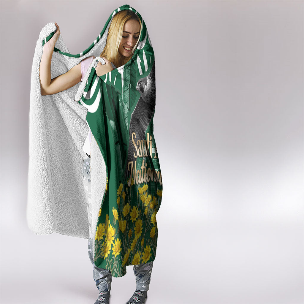 Saudi Arabia National Day Hooded Blanket Falcon Skyline Arabic Calligraphy Cultural Pride