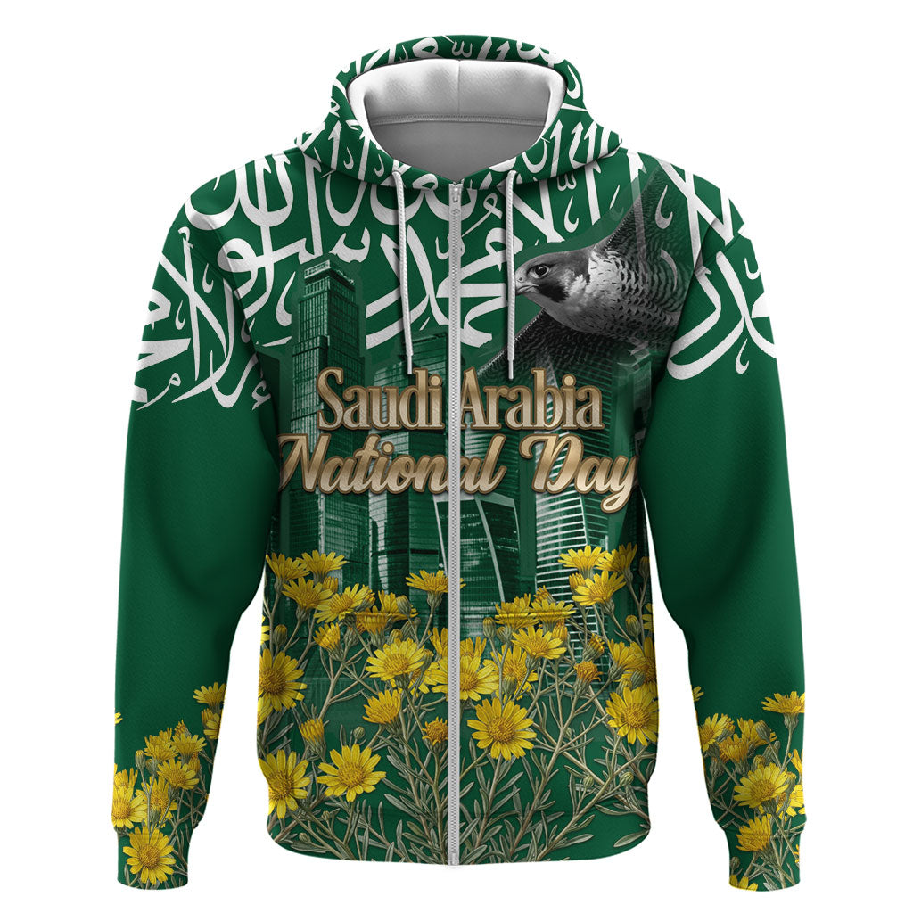 Saudi Arabia National Day Hoodie Falcon Skyline Arabic Calligraphy Cultural Pride